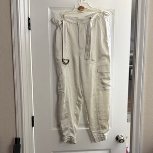 Satin feel warm white Utility Cargo Pants with Belt